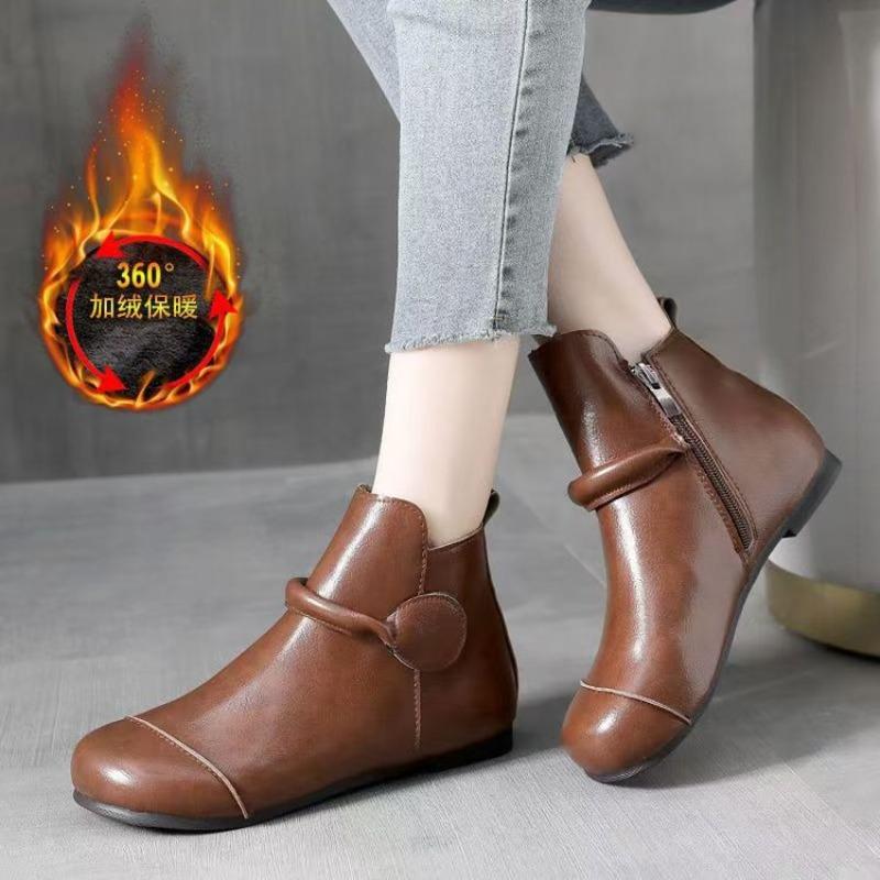 Fleeceové boty retro etnické krátké boty podzim a zima nové měkká kůže měkká podrážka ploché jednoboty Maillard univerzální jednoboty