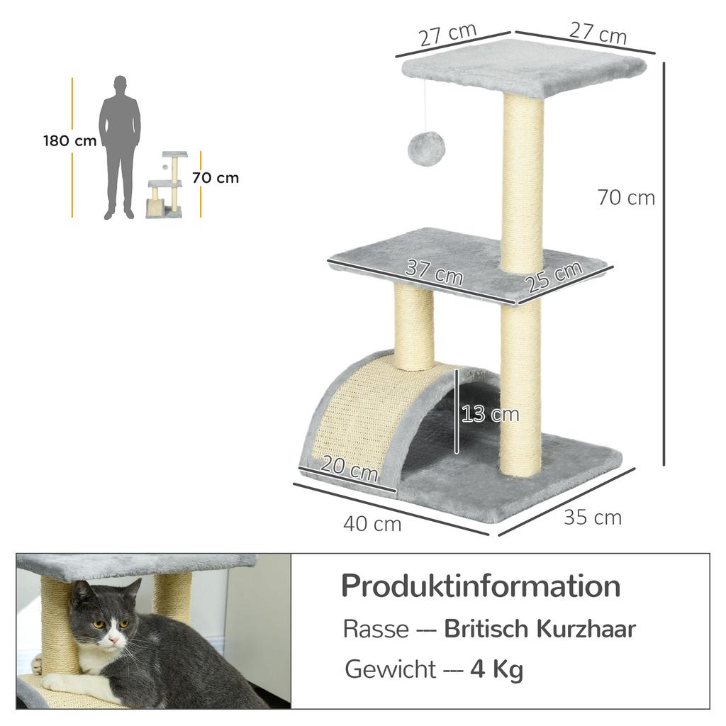 72cm Cat Tree with Scratching Post, Pad for Indoor Cats - Light Grey