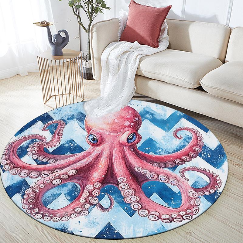 Aquarell-Oktopus,Runder Teppich,Teppich für Wohnzimmer Schlafzimmer Sofa Spielzimmer Dekor,Rutschfeste Fußmatte
