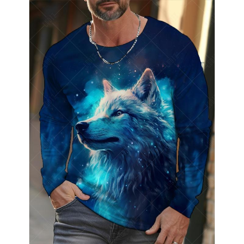 T-shirt a maniche lunghe da uomo vintage Camicie con stampa 3d Moda Animale Lupo Grafica Abbigliamento Maglie a manica Uomo Top streetwear oversize