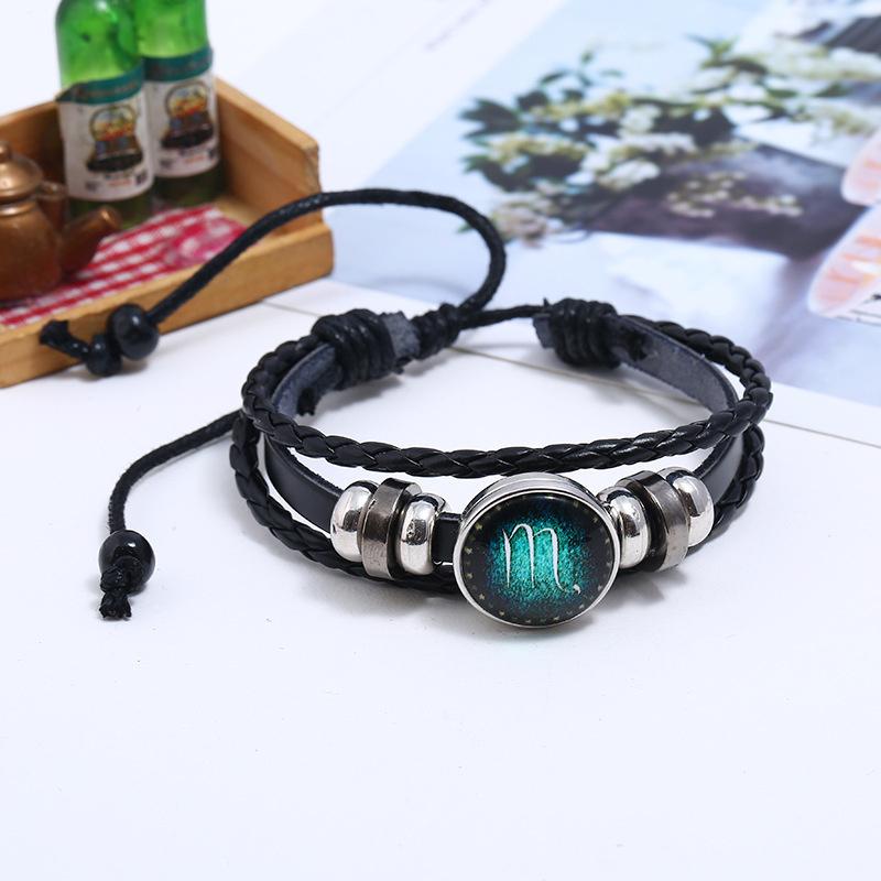 Luminous Twelve Constellation Artificial Gemstone Bracelet ;Beaded Rope Pu Leather 12 Constellation Woven Bracelet