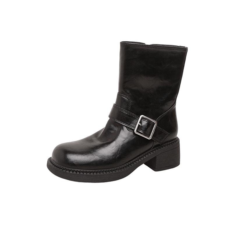 Washed cowhide~ thick-soled short boots for women's autumn and winter new thick-heeled Martin boots versatile side zipper thin boots