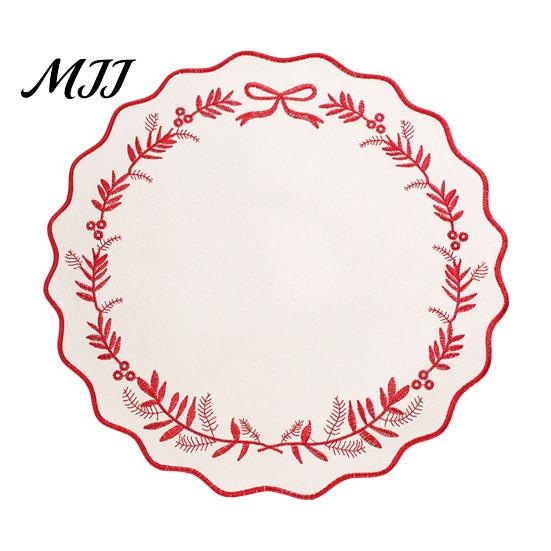 Heat Resistant Table Mats for Hot Dishes Embroidered Round Placemat, 15 Inch Scalloped Leaf Bow Embroidery Durable Fabric Kitchen Washable Insulation