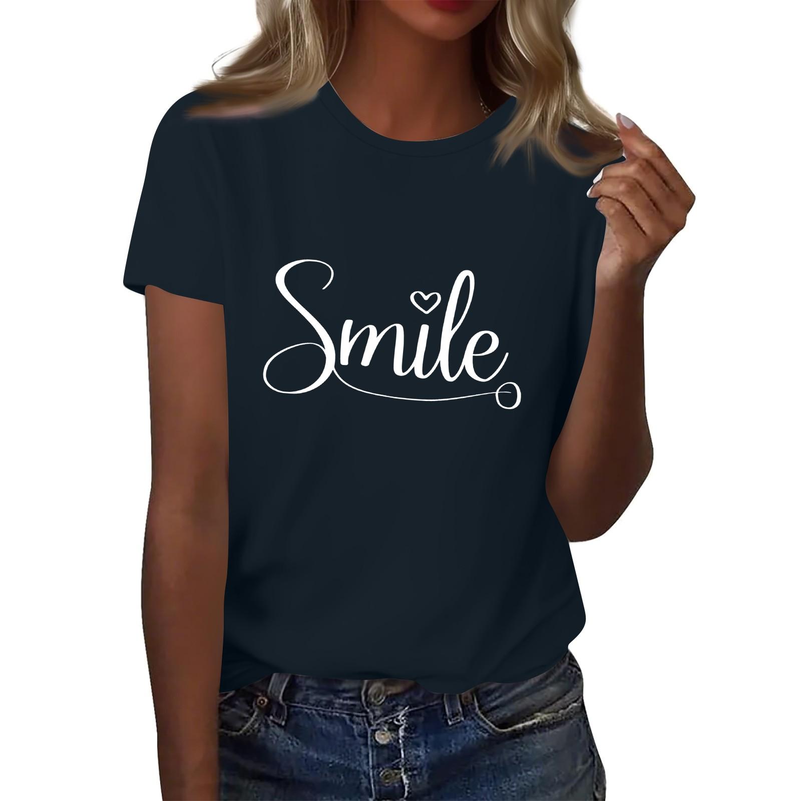 

Женская футболка с круглым вырезом и коротким рукавом с принтом в виде буквы «улыбка» XXL тёмно-синий