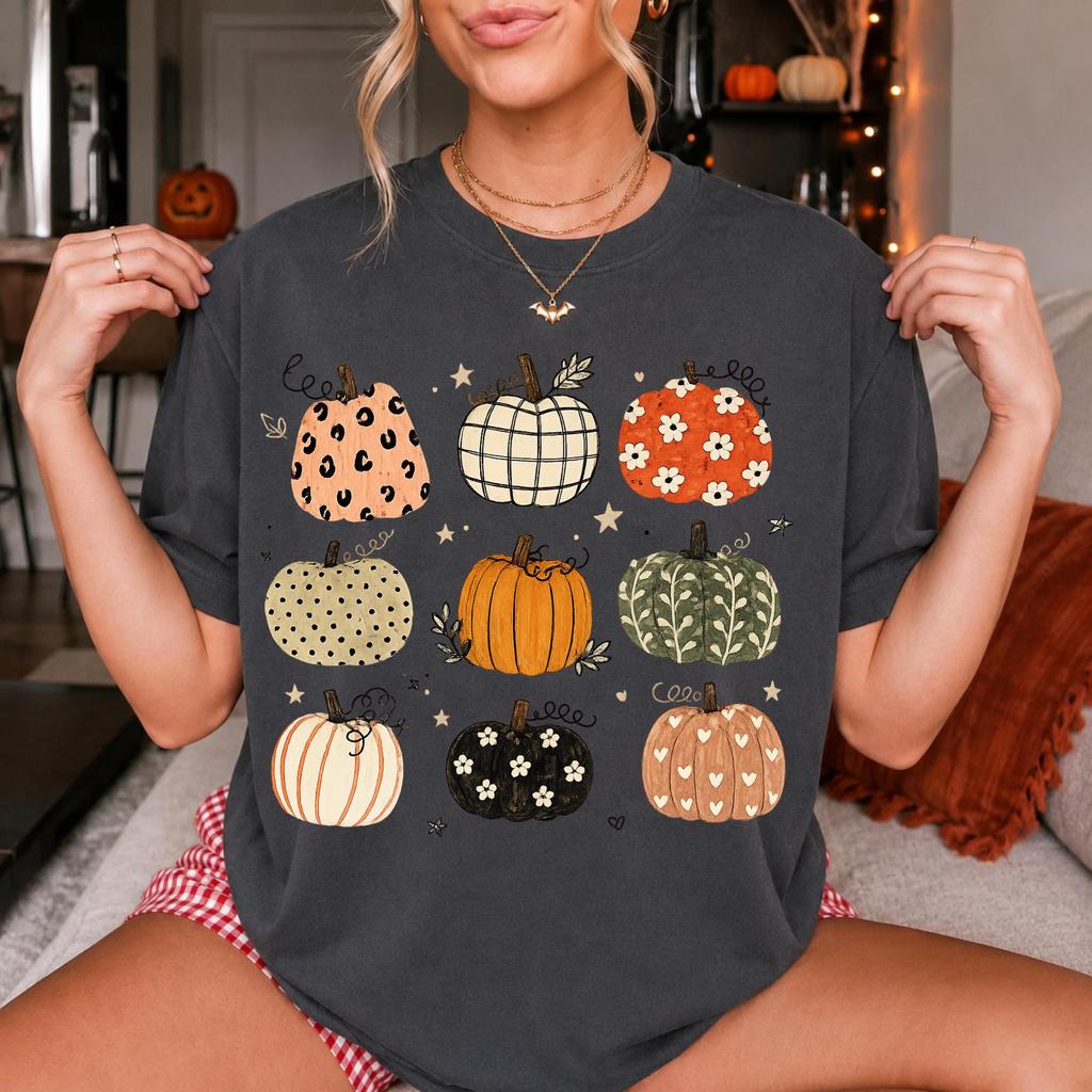 Hand Drawn Patterned Pumpkins T-Shirt – Boho Autumn Cottagecore Tee