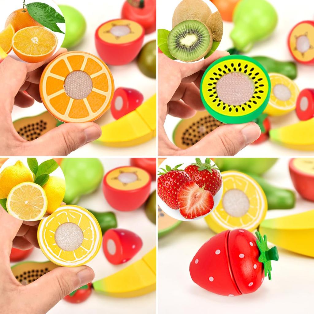 CARLORBO Wooden Pretend Play Kitchen Toy Large Capacity Wooden Toy with Fruit Cutting Function Includes Storage and Learning Perfect for Preschool
