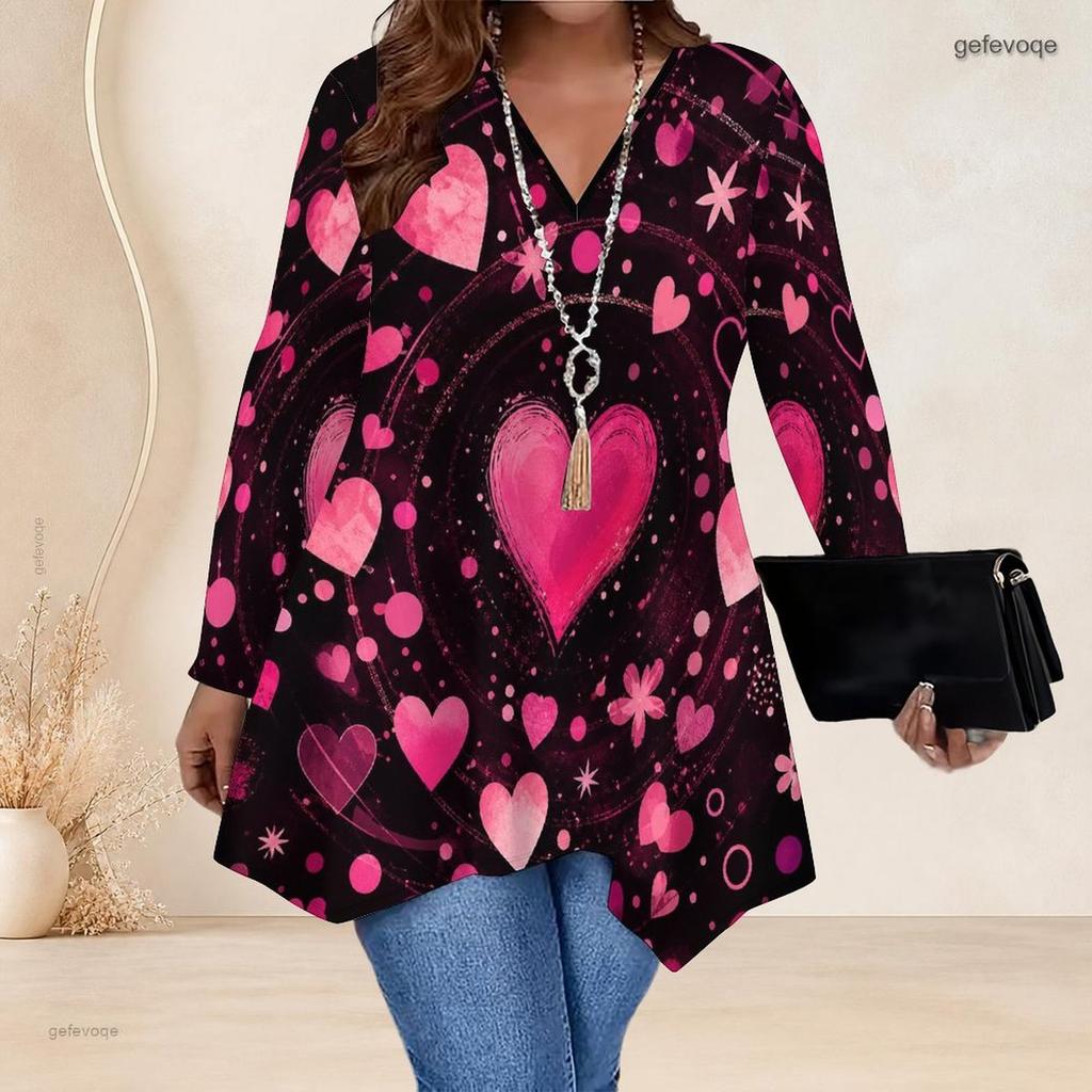 Women Plus Size V Neck Long Sleeve Printed Asymmetric Hem Flared Tunic Top