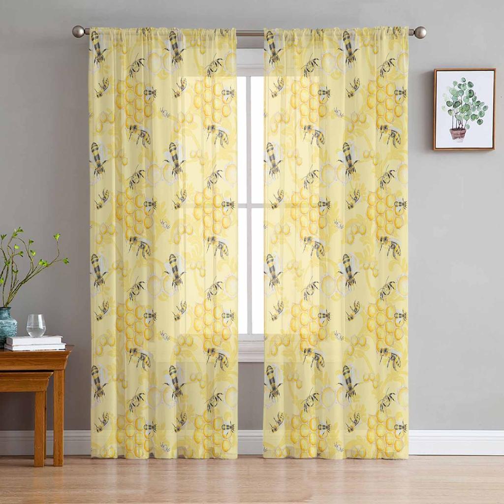 Bee Honey Chrysanthemum Flower Yellow Sheer Drapes for Living Room Decoration Window Curtains Kitchen Curtains