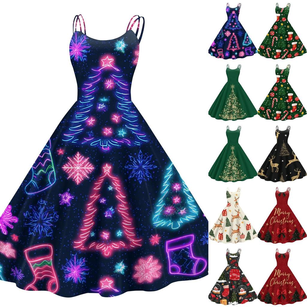 Sexy schulterfreies Retro-Kleid für Damen mit Weihnachtsdruck für Feiertagspartys