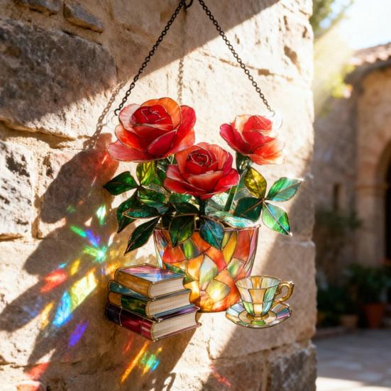 Floral Tea Cup And Book Suncatcher Stained Glass Effect Window Car Hanging Ornament Acrylic Garden Sun Catcher Panel for Women Mom Grandma
