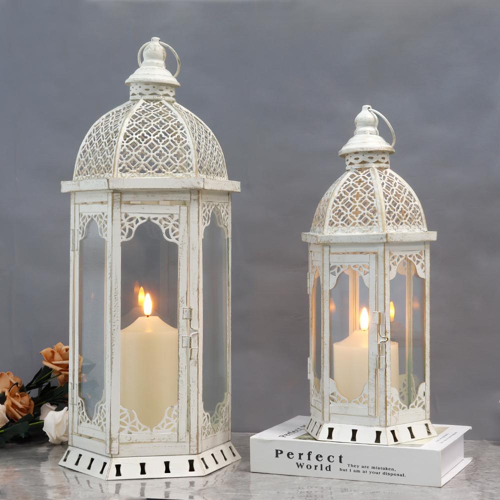 Set of 2 Decorative Candle Lanterns 22"&17"Outdoor vintage Metal Candle Holder Home Decor(White with Gold Brush))