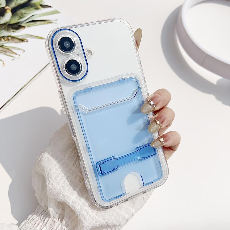 New Solid Color Wallet Single Card Slot Fold Bracket Phone Case For iPhone 16 Pro Max 14 11 12 13 15 Pro Max Acrylic Back Cover