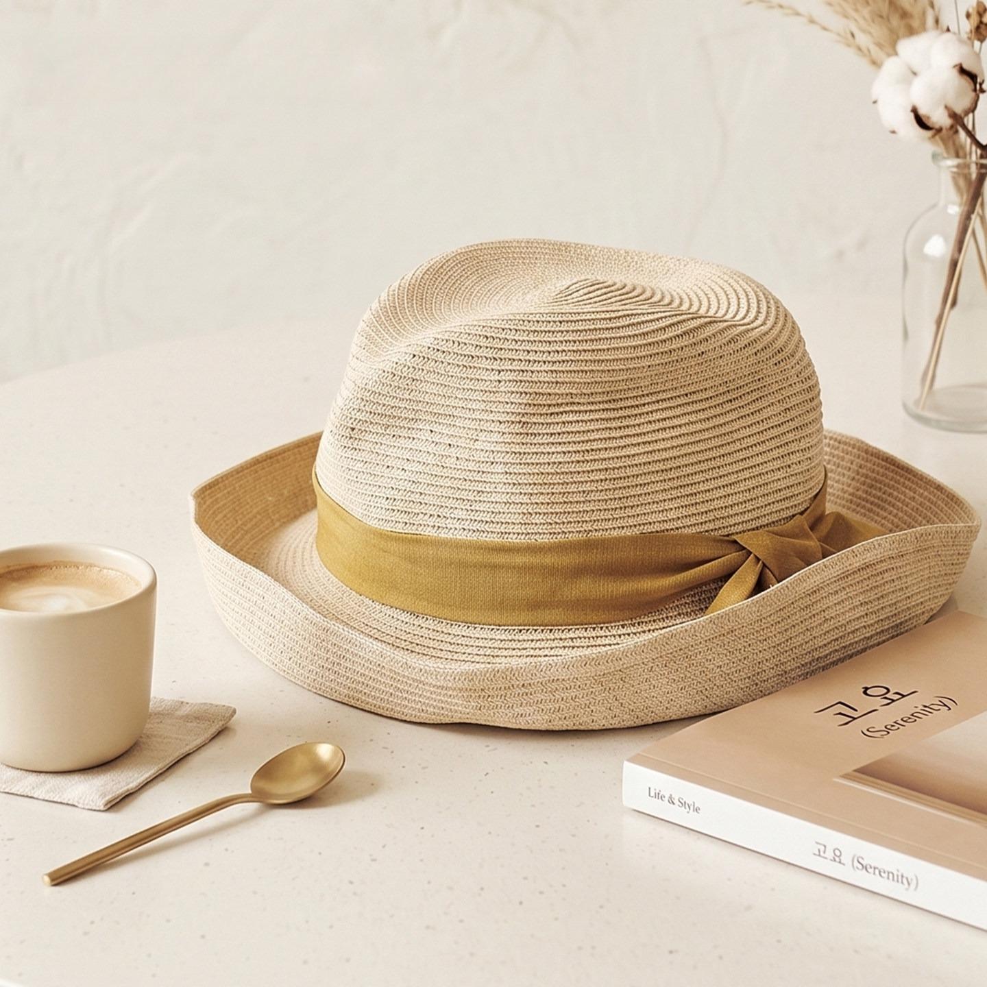 

Elegant Flat Top Straw Hat Women Wide Brim Foldable Summer Sun Hat with Slightly Curved Brim Casual Chic Beach & Daily Wear 53-57cm бежевий