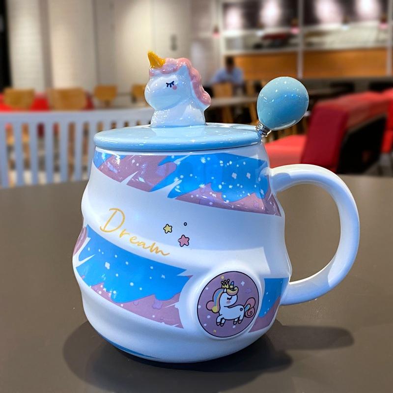 Souvenir Regenbogen Einhorn Keramik Fadenbecher mit Deckel Löffel Mädchen Trinkwasser Tasse Büro Kaffeetasse