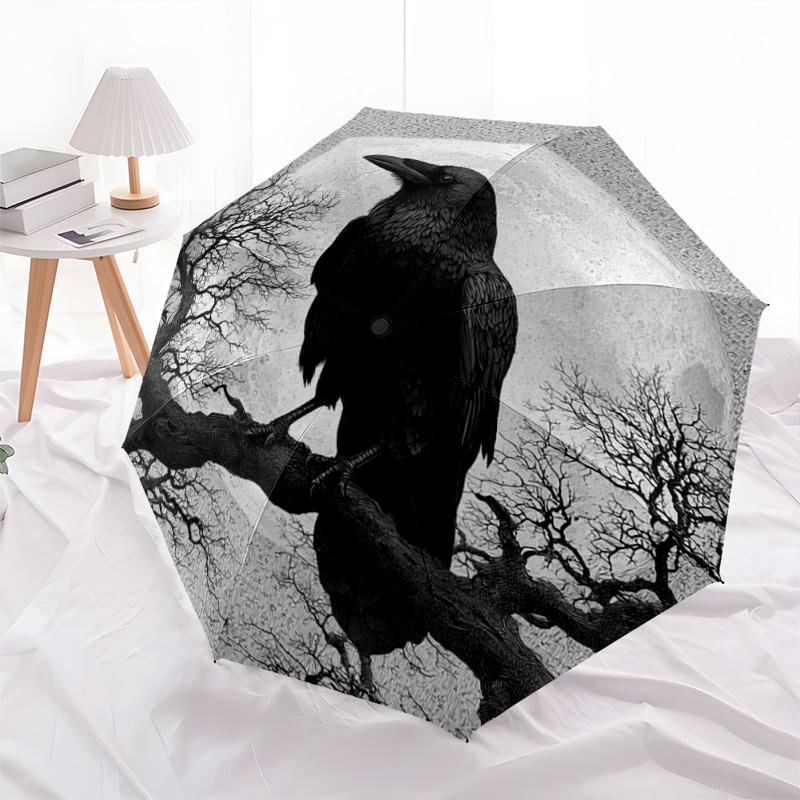 1 PC Automatic Folding Umbrella - Raven Pattern, Portable & Foldable Design with 8 Ribs, Christmas Birthday Gifts