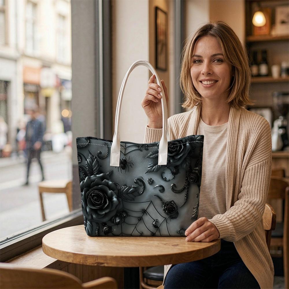 Gothic Dark Rose Spider Print Shoulder Tote Bag for Daily Commute 