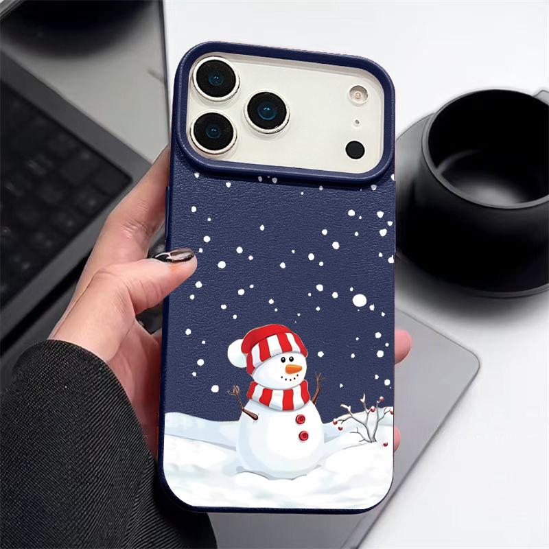 Christmas Winter Snowman Print Phone Case For iPhone Air 17 16 15 14 13 12 Pro Max 17 Pro 11 16e Leather Texture TPU Soft