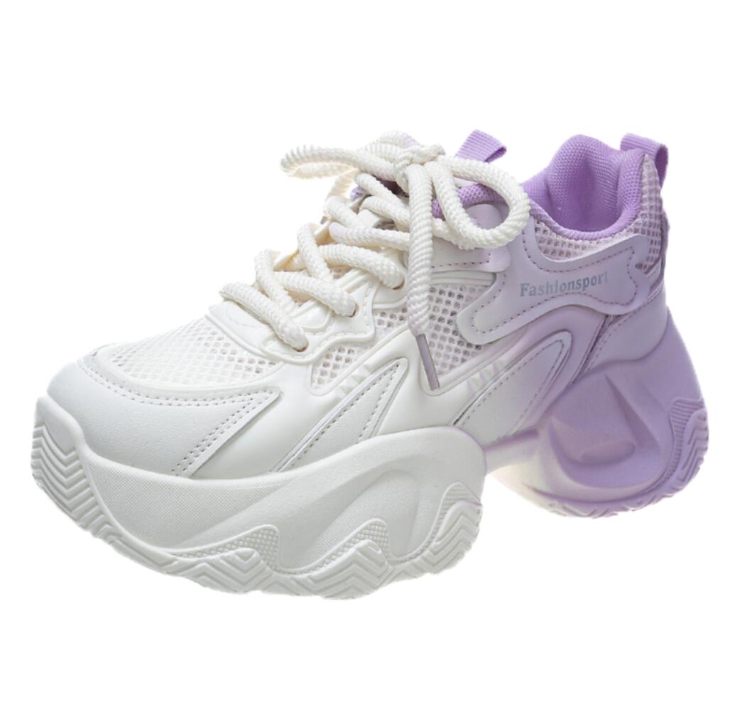 

Модные женские кроссовки на толстой подошве 2024 года, весна, дышащая сетка, высокая платформа 5 см, спортивная обувь, женская, со шнуровкой, толстая подошва, повседневная уличная обувь 40 фиолетовый