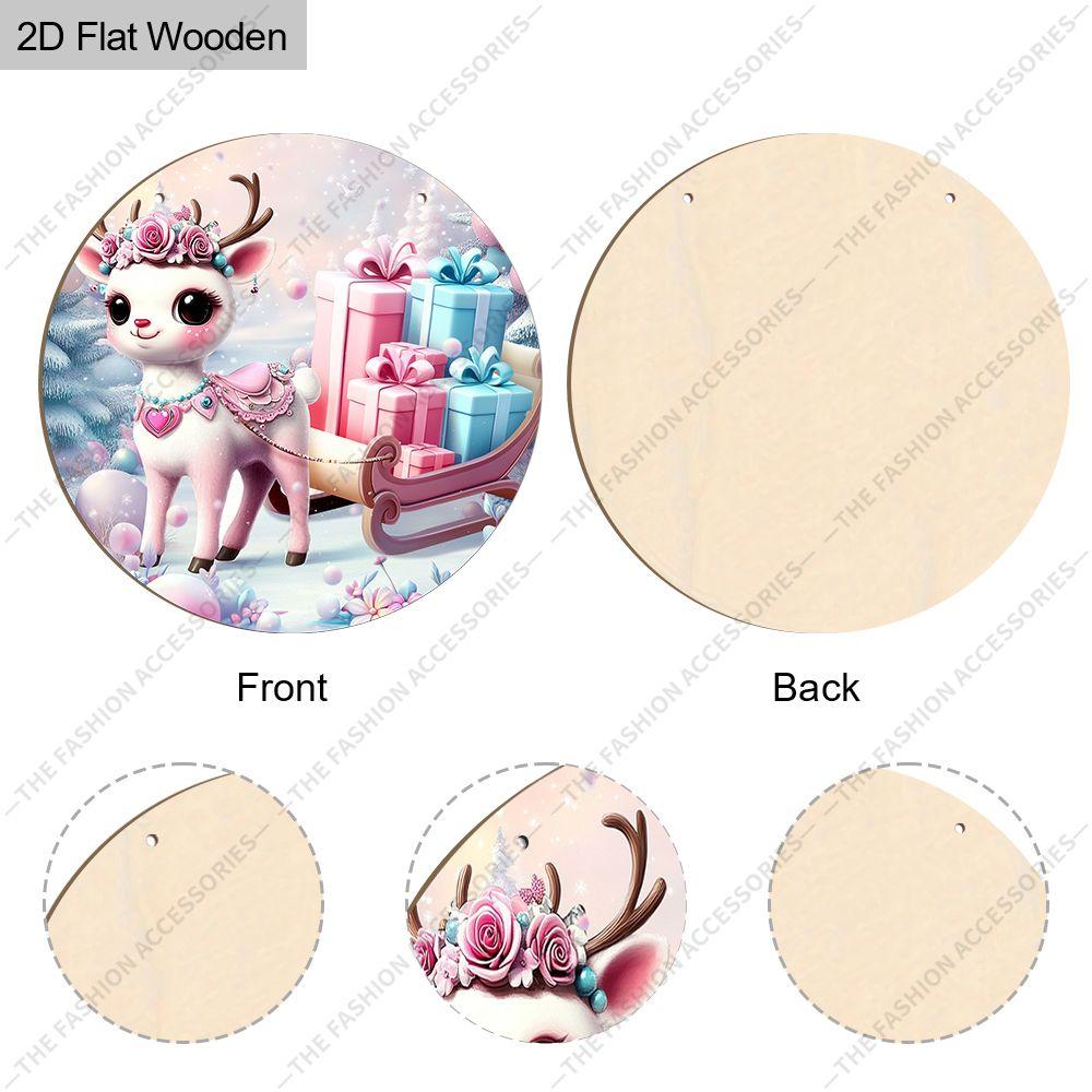 Cute Pink Christmas Reindeer Round Wooden Hanging Sign, 2D Flat Printed Christmas Door Wall Ornament, Winter Xmas Home Decor Gift