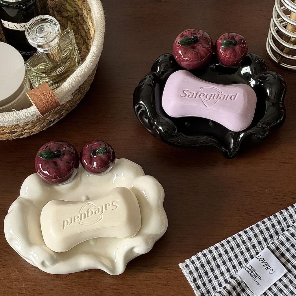 Luxury Ceramic Soap Dish with Drainage, Apple-Shaped Soap Holder for Bathroom Sink Countertop, Home Soap Tray