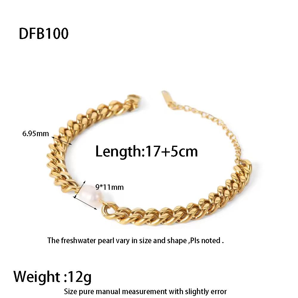 Ins Fashion Baroque Freshwater Pearl Cuban Chain Jewelry 18k Gold Plated Stainless Steel Waterproof Bracelet Jewelry