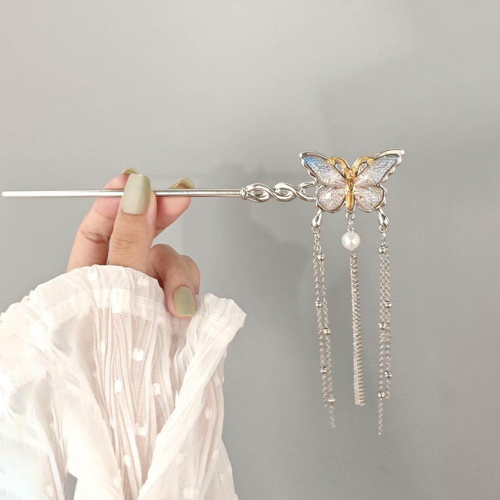 New Chinese Style National Style Temperament Butterfly Pearl Curved Moon Tassel Ancient Style Hairpin Senior Sense of Simple Coiled Hairpin Children