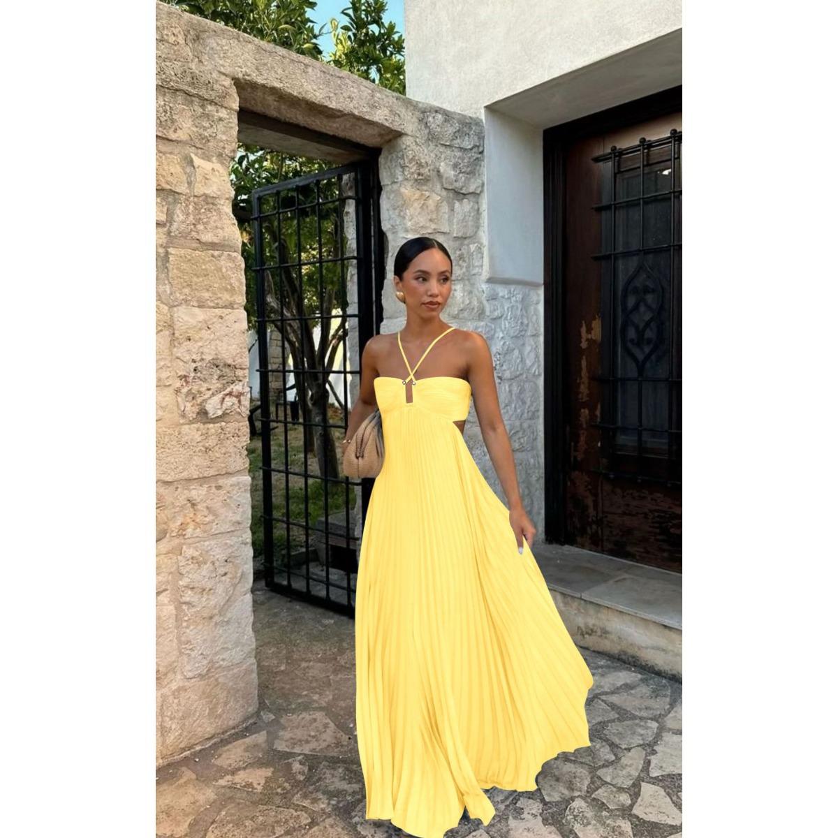 

Новое летнее однотонное платье без бретелек, плиссированное, без рукавов, с халтером L жёлтый