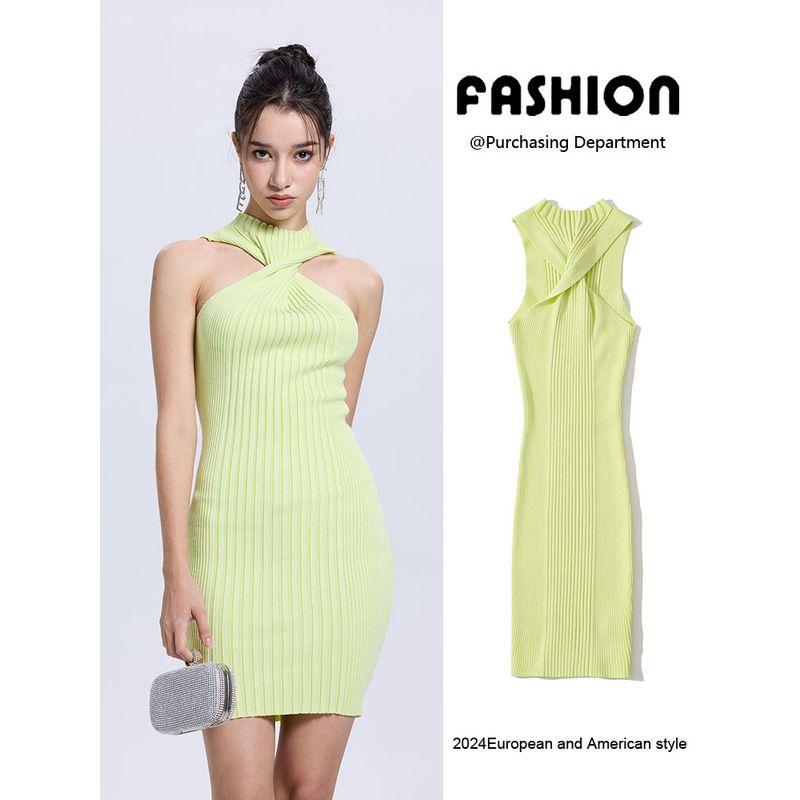 Za2025 Summer New Women Clothes Fashion Temperament Waist Hugging Sexy Neck Collar Sleeveless Backless Short Dress