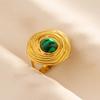 Green Striped Stone Vintage Gold Color Stainless Steel Open Adjustable Rings For Women Men Accessories Finger Jewelry Sun Flower