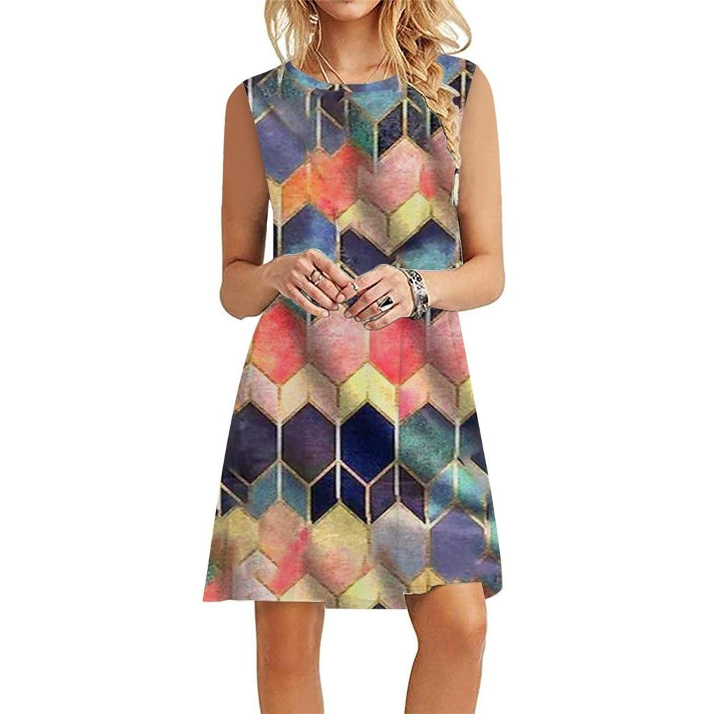 Fashion Womens Loose Sexy Summer Sleeveless Printed Round Neck  Dress