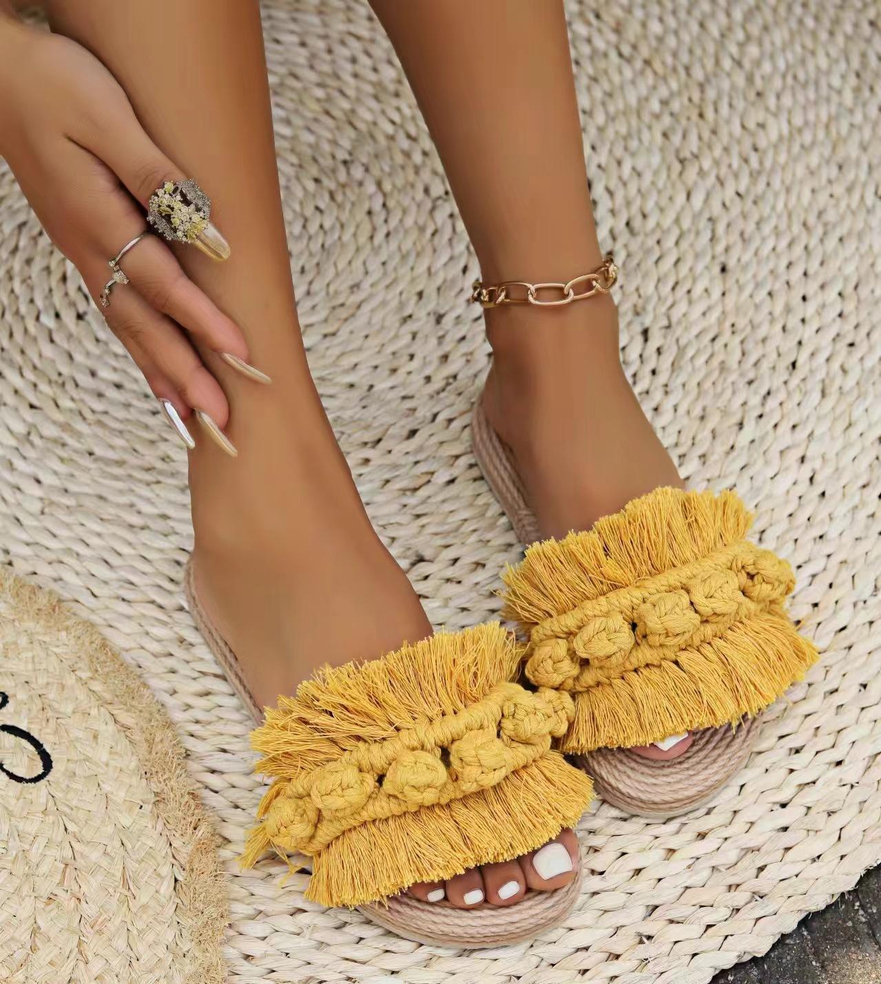 

Женские тапочки большого размера из высококачественной текстуры на плоской подошве с джутовой веревкой и крупным цветочным узором, повседневные модные домашние сандалии для отдыха на открытом воздухе 42 жёлтый