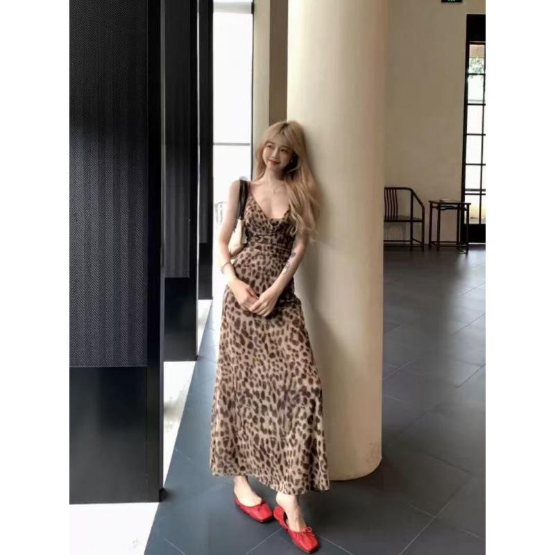 Retro Leopard Print Swinging Collar Suspender Dress Women's Clothing Summer Slim-fit Spice Girl Long Dress Showing Figure and Waist A-word Skirt