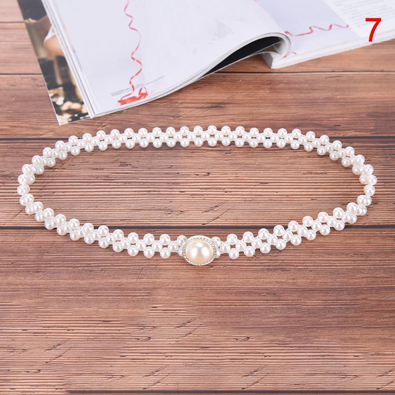 Women Ladies Pearls Beads Chain Belt Stretchy Flower Buckle Waistband