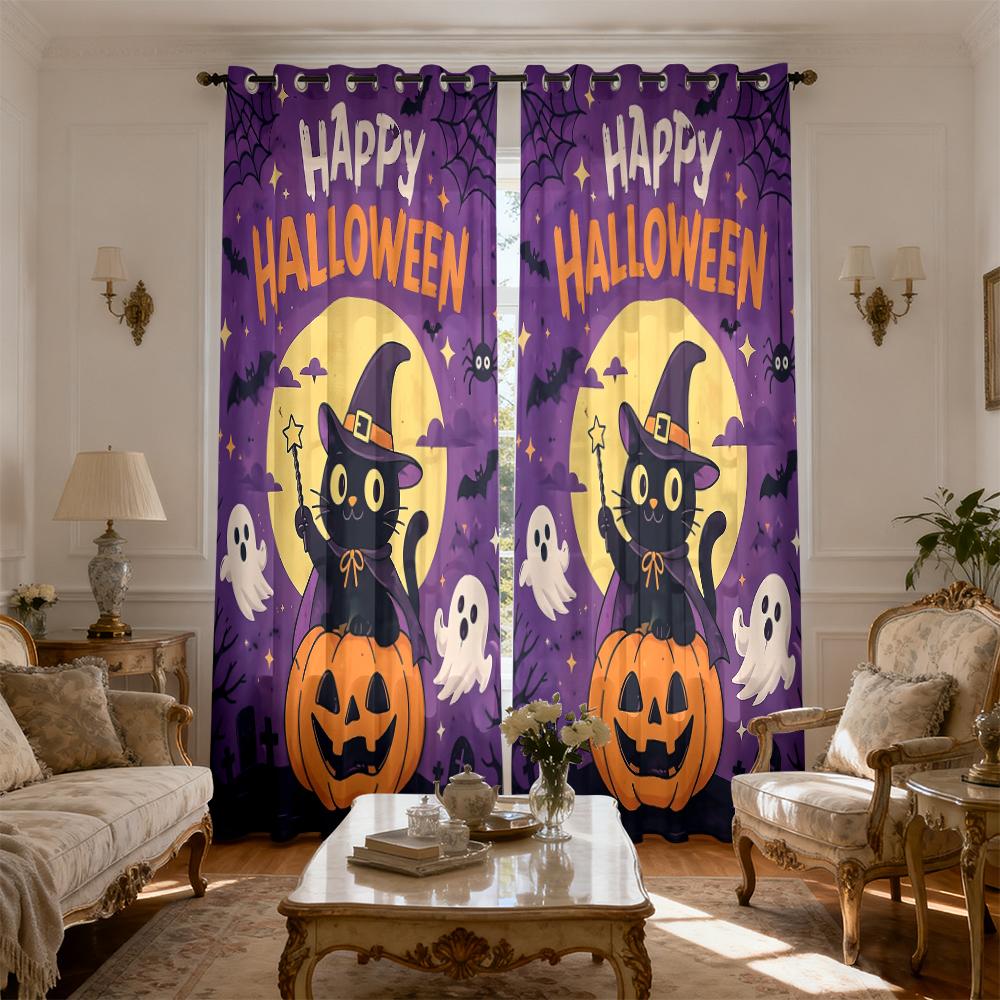2pcs Halloween black cat pumpkin ghost print curtains holes light blocking living rooms bedrooms home decorations
