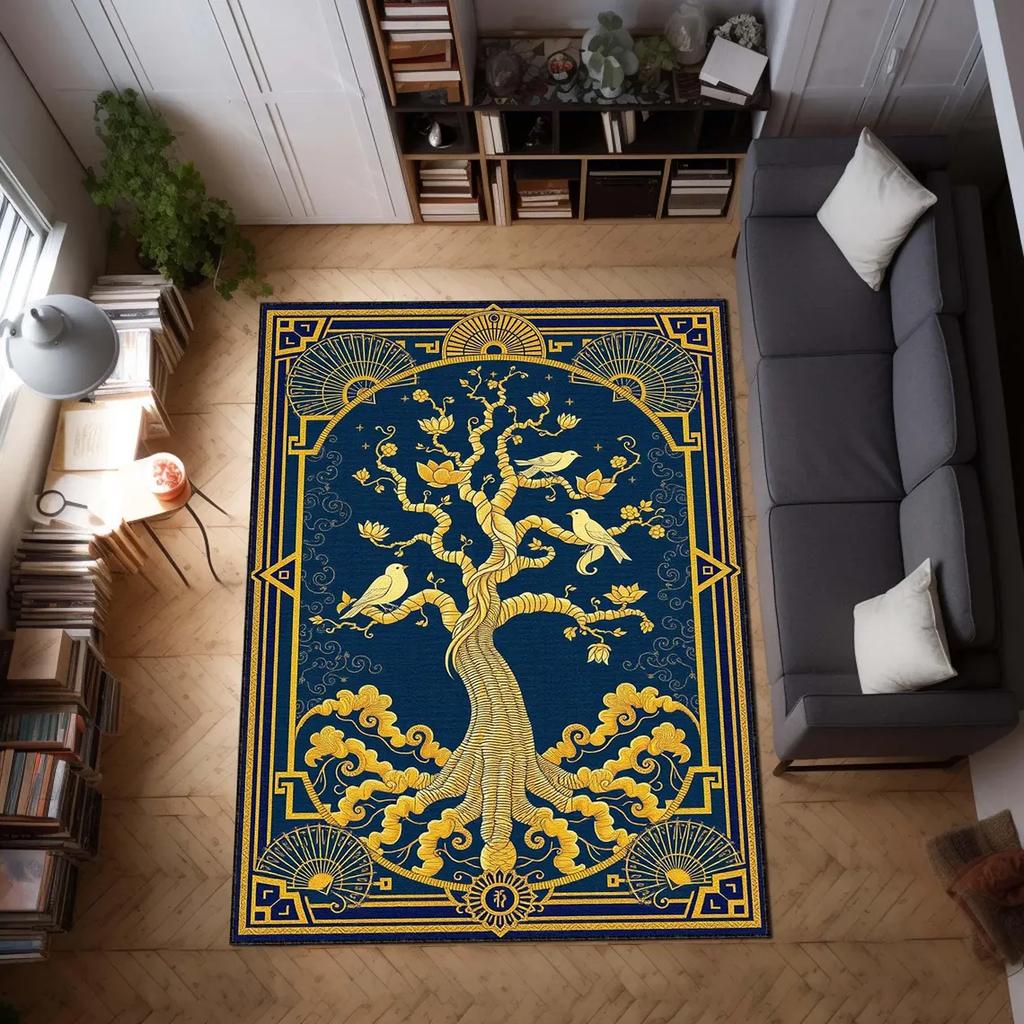 Tree of Life Rug Vintage Art Deco Area Carpet with Birds, Boho Nature Decor Carpet Spiritual Floor Rug, Sacred Symbol Floor Mat