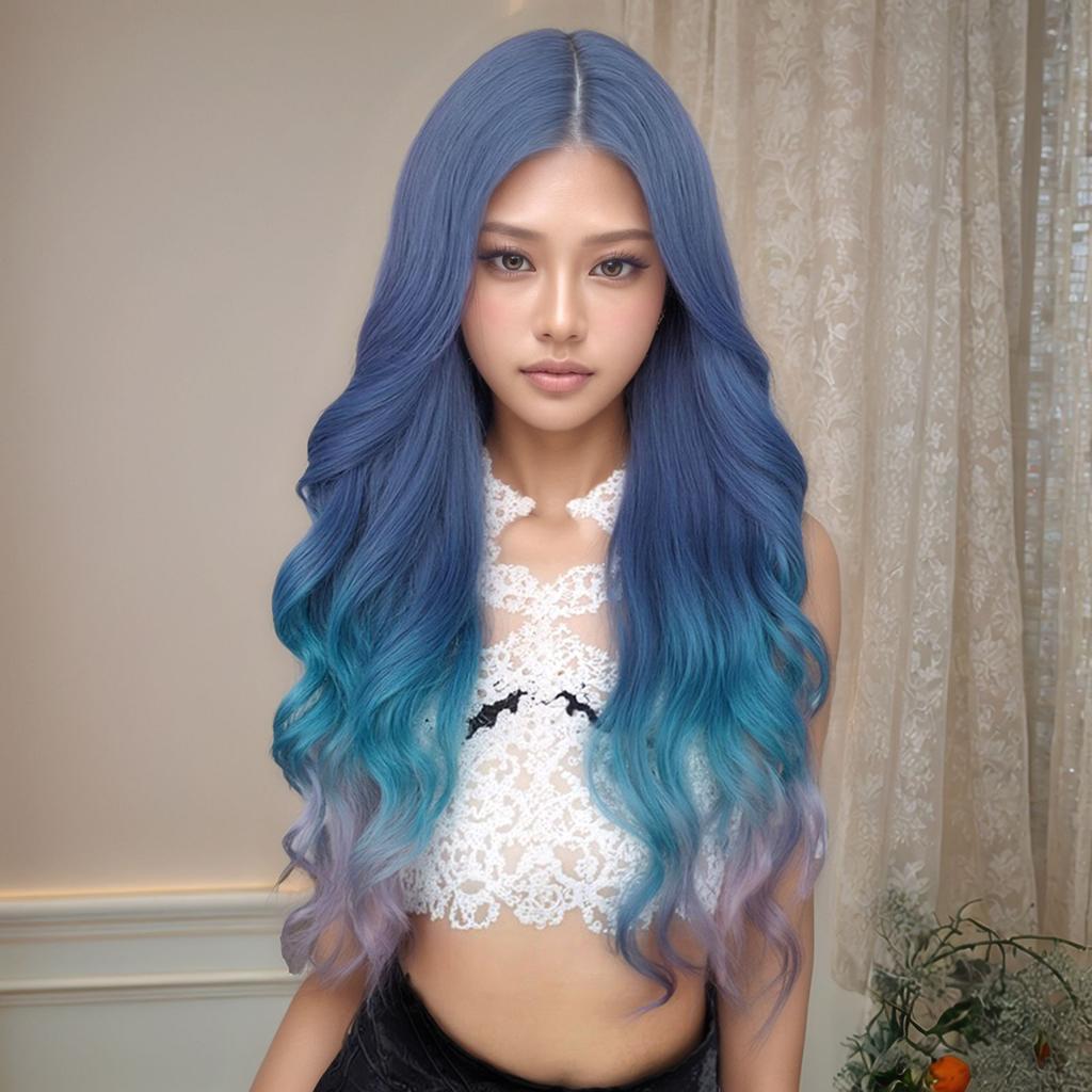Blue-purple Wavy Wig with Bangs Realistic Cosplay Fake Hair For Daily Dress Party Halloween