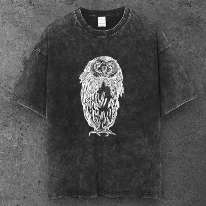 Mens Owl Graphic T Shirt Acid Washed Black Grunge Aesthetic S-3XL S