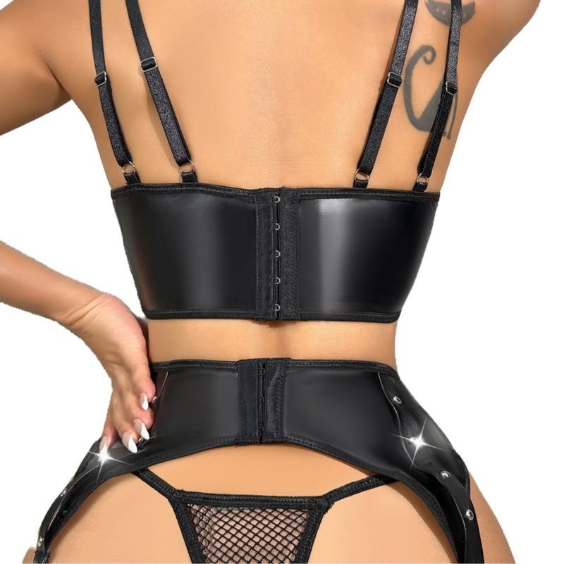 New Sex Underwear Sexy Women Patent Leather Mesh Underwear Three-piece Sex Suit