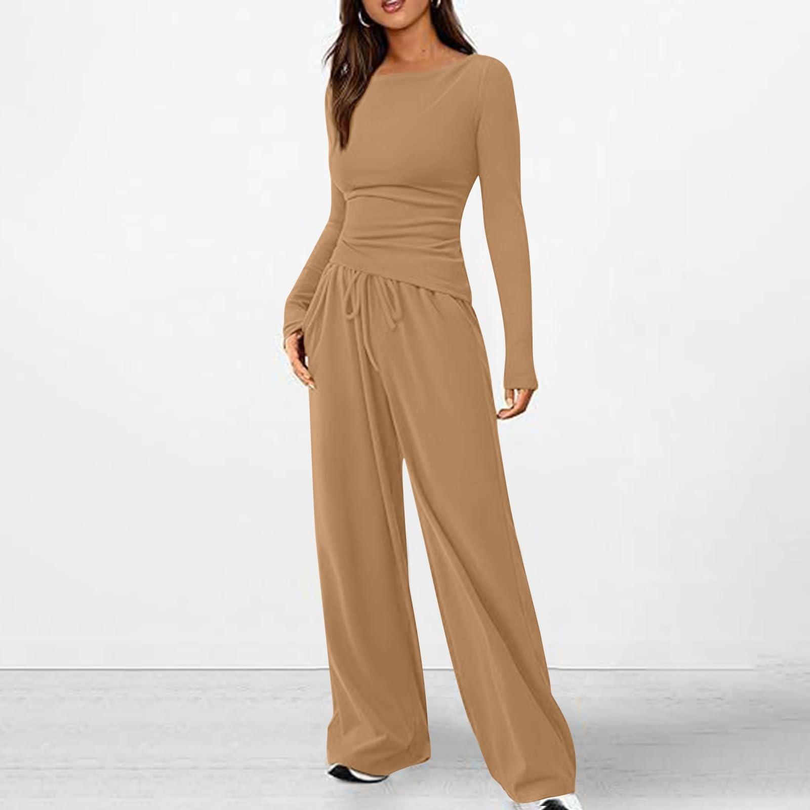 

Жіночий модний одноколірний повсякденний комплект широких штанів з довгими рукавами з двох частин M хакі