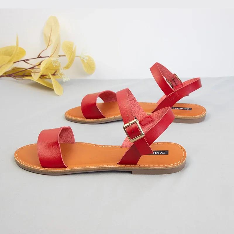 Fashion Women Flat Sandals 2025 Buckle Woman Summer  Shoes Retro Solid Round Toe Comfort Casual Beach Footwear Red Yellow Large Size