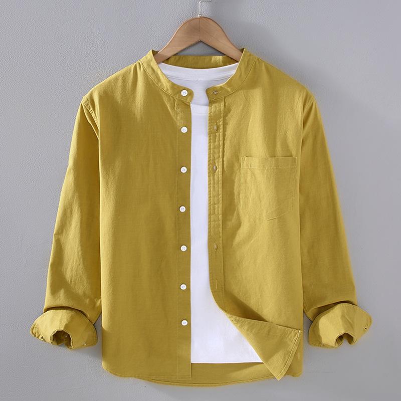 

Мужская рубашка из хлопка и льна с длинным рукавом, китайским воротником-стойкой и карманом - простая, удобная повседневная куртка 2XL золотисто-желтый
