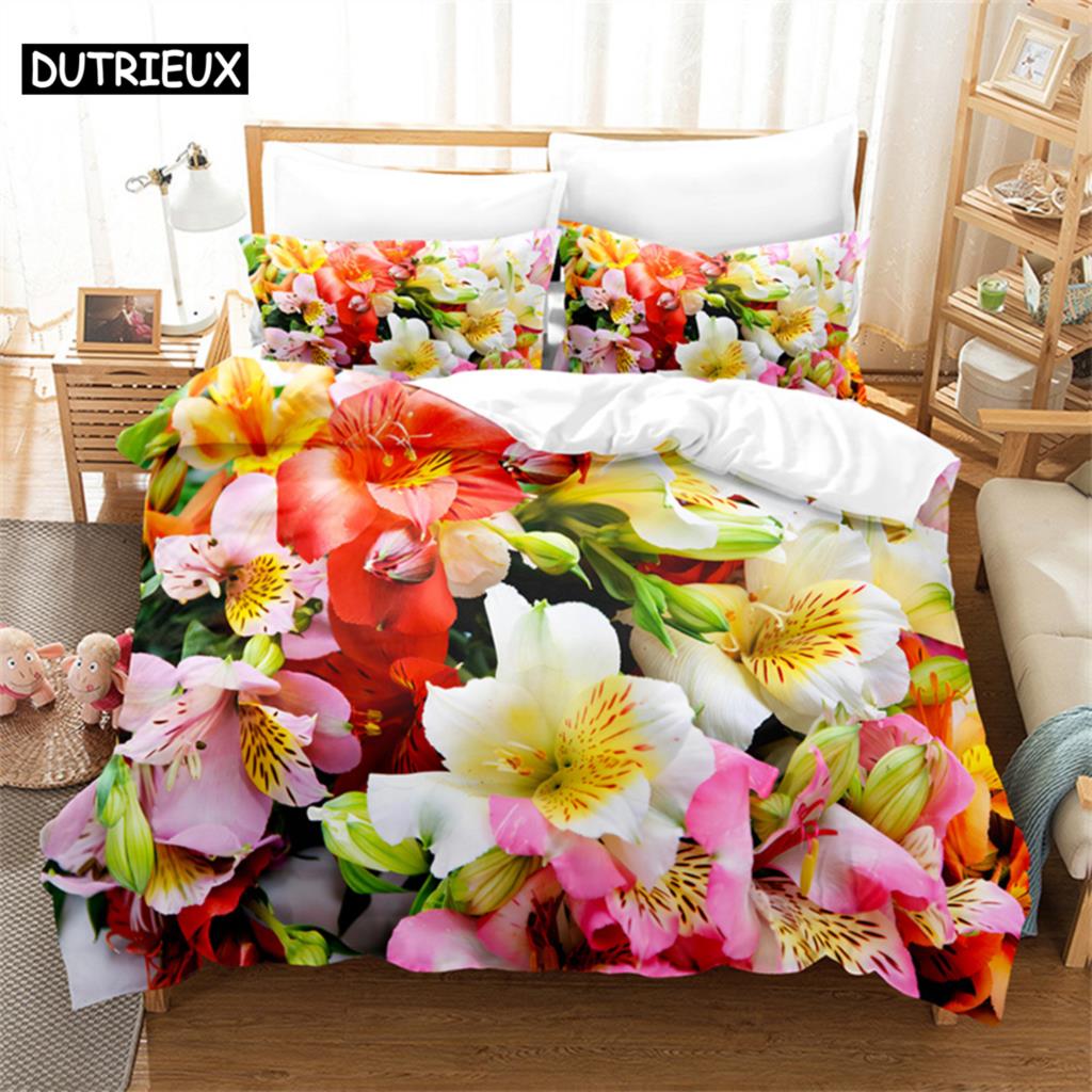 Beautiful Flowers Queen Bedding Set Duvet Cover Kids Bedroom Bed Set Comforter Cover Set King Size Duvet Cover Set Bedding Sets