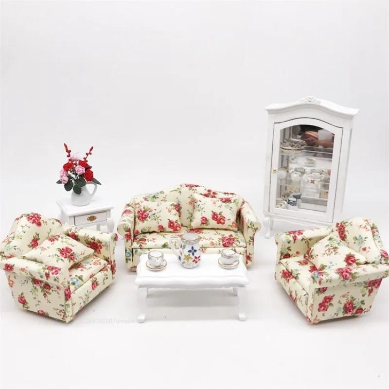 Rural Style Armchair Mini Sofa Dollhouse Miniature Sofa & Throw Pillow Set Wooden Simulation Furniture Girls Decoration Crafts