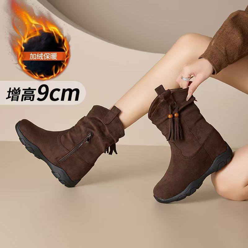 Inner heightening Martin boots women's new invisible cm medium tube stacking boots fleece thin high heel short boots