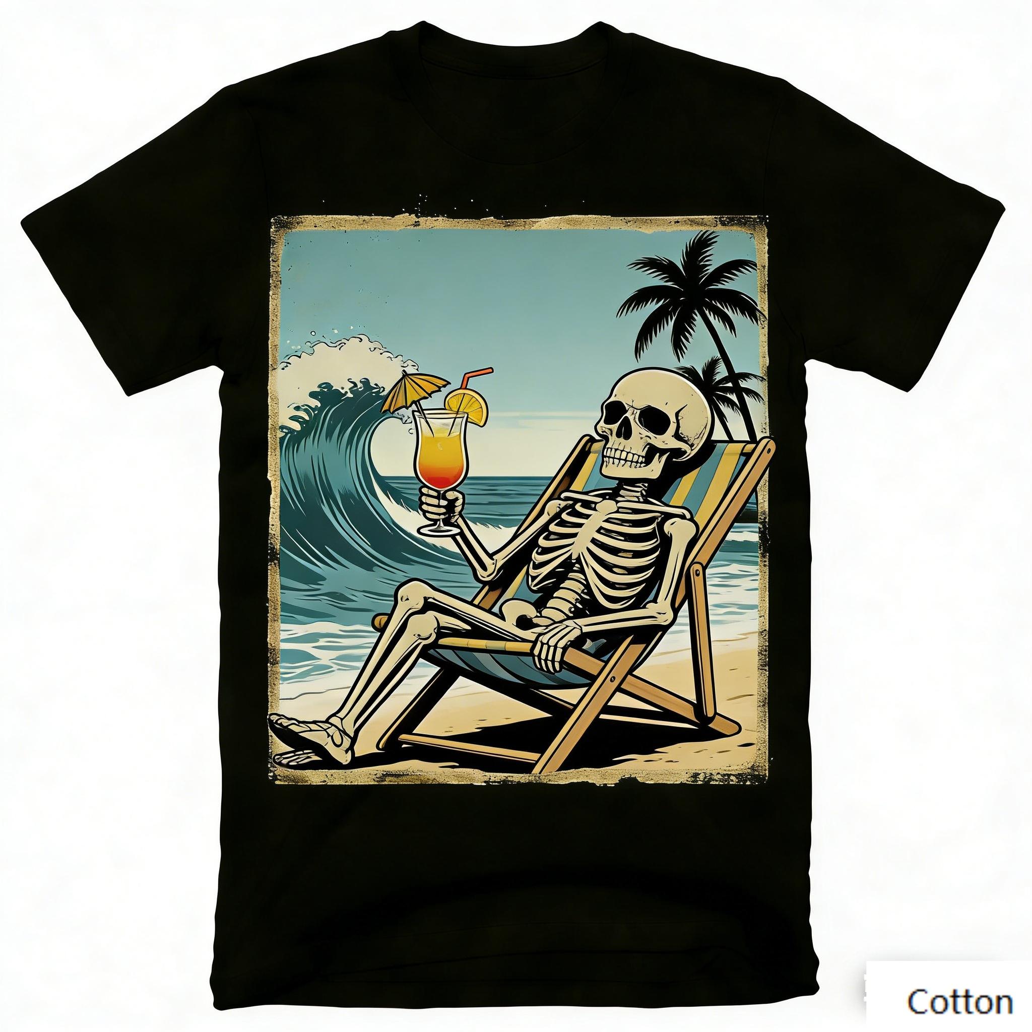 Vintage Skeleton Beach Vacation Graphic T-Shirt Cocktail Palm Wave Print Cotton Short Sleeve Casual Unisex Tee Retro Tropical S разноцветный
