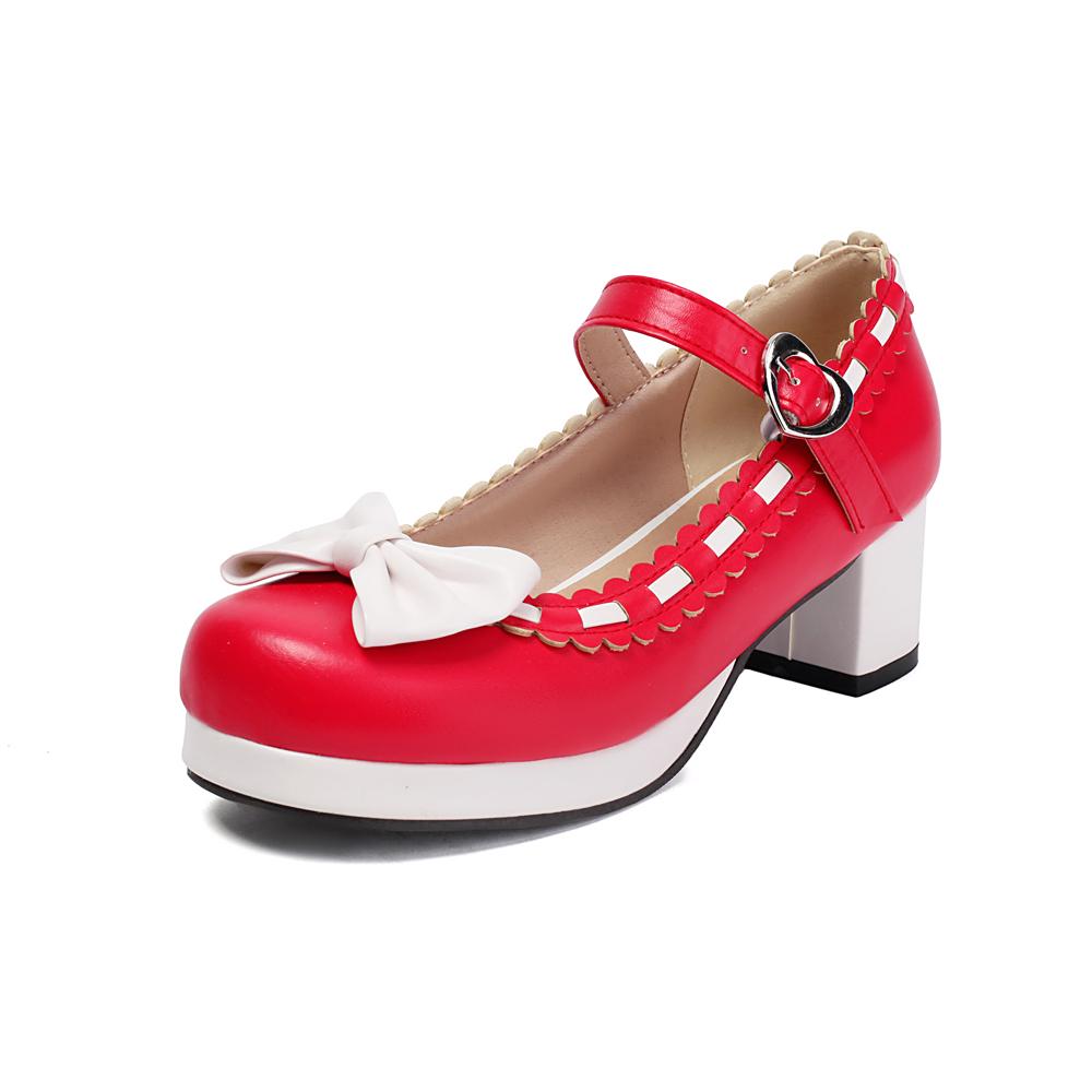 Fashion Girls Sweet Med Heel Ruffles Lolita Shoes Cute Bow Mary Jane Pumps Bride Wedding Cosplay Party Red Pink Black Green Size 34-48