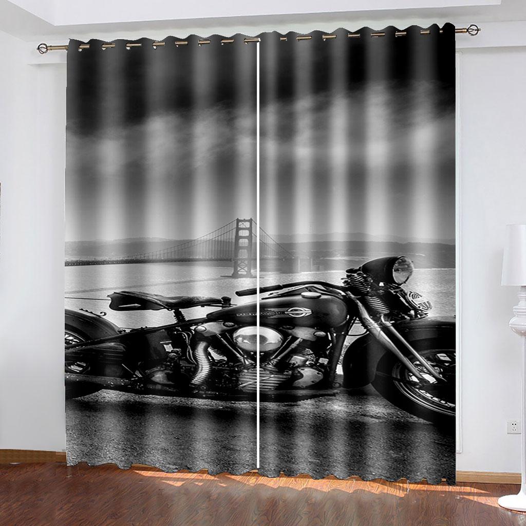Motorcycle Printed Woven Curtains  Two Independent Curtains On The Left and Right Blackout Curtains for Bedrooms