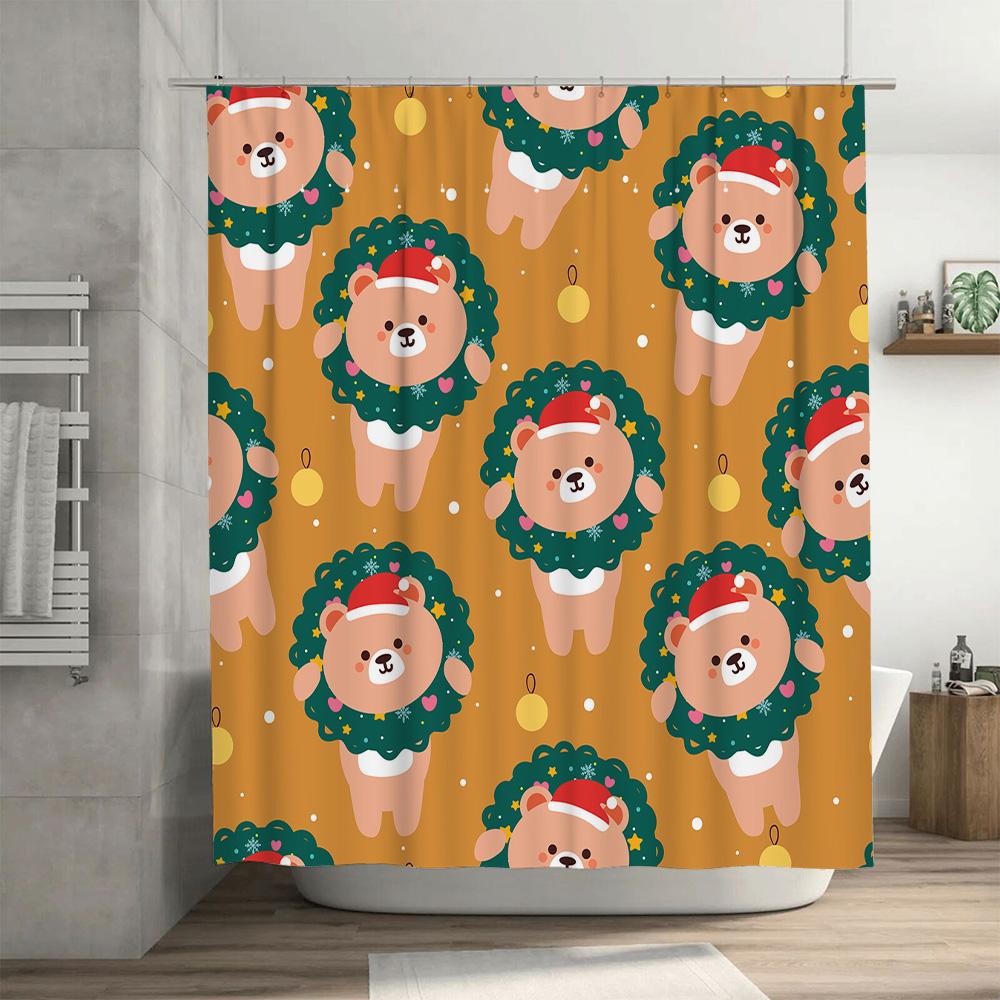Adorable Christmas Lion Teddy Bear Santa Claus Christmas Decorative Shower Curtain Set Home Textiles Bathroom Decoration