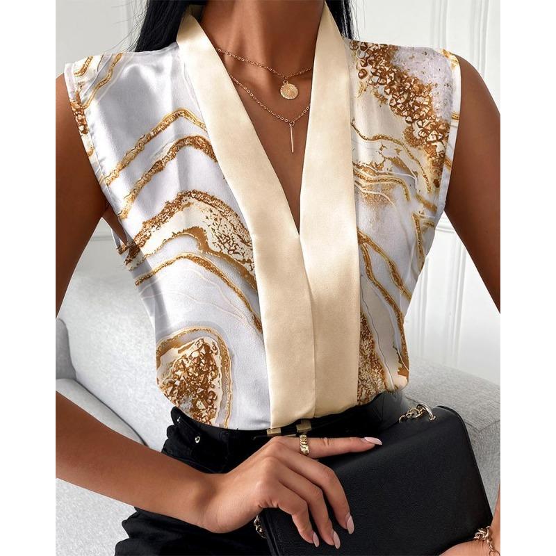 JKASHDK Women's Fashion Casual Summer Spring Colour Block Print Sleeveless V-Neck Blouses & Shirts