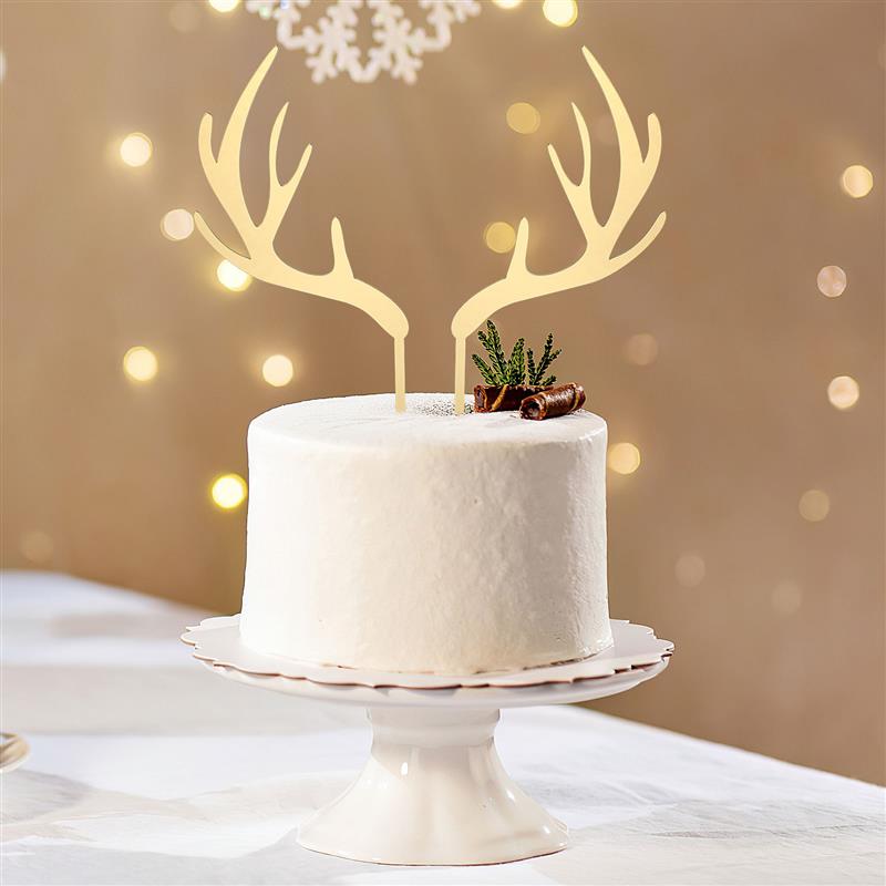 5pcs Christmas Antlers Shape Cake Toppers Chic Acrylic Reindeer Dessert Ornament Cupcake Toppers Fruit Picks Xmas Party Supplies